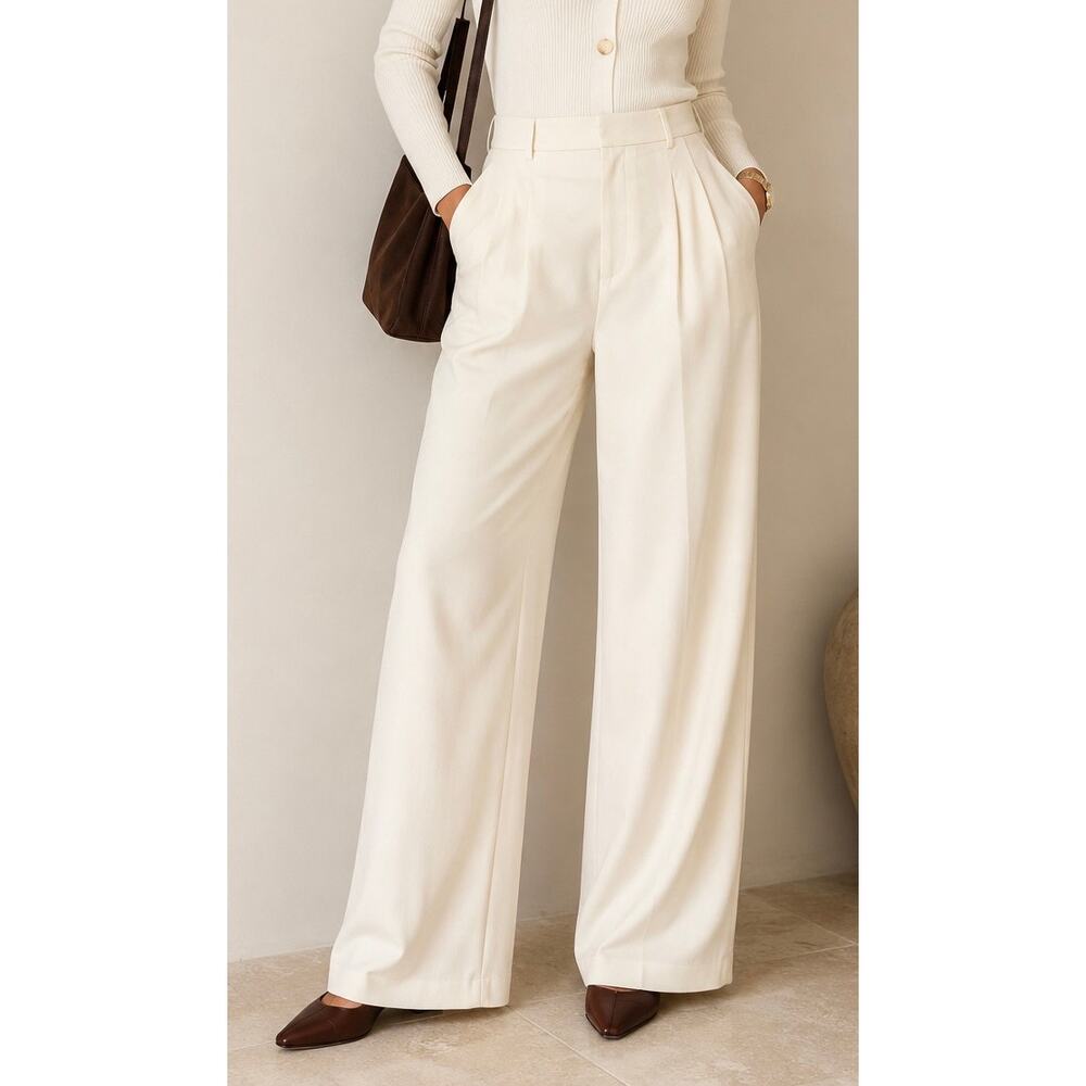 WAYF Cream Pleated Wide Leg Trousers XL High Rise Minimalist Career Pants